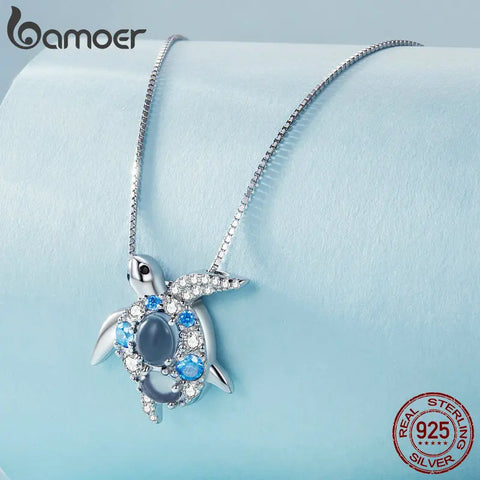 Bamoer 925 Sterling Silver Blue Spinel Sea Turtle Pendant Necklace Pave Setting CZ for Women Valentine's Day Gift