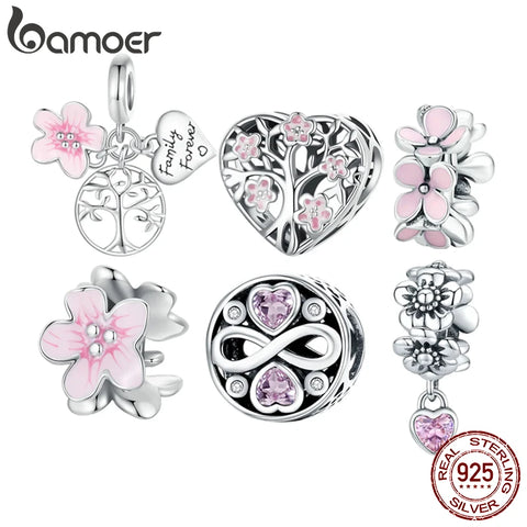BAMOER 925 Sterling Silver Pink Flower Spacer Beads Tree of Life Charms for Women Bracelet Making Accessories
