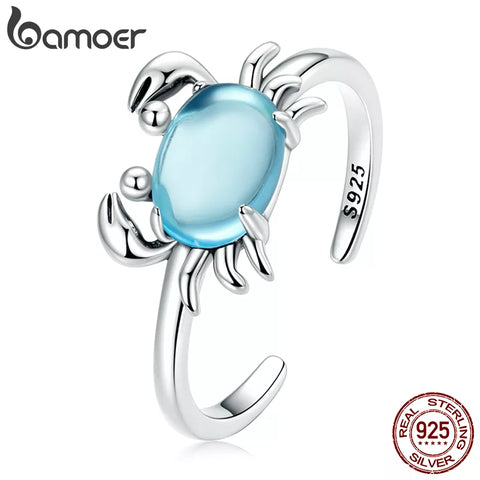 Bamoer 925 Sterling Silver Cute Crab Open Size Ring for Women Delicate Blue Stone Ring Fine Jewelry Summer Beach Party Gift