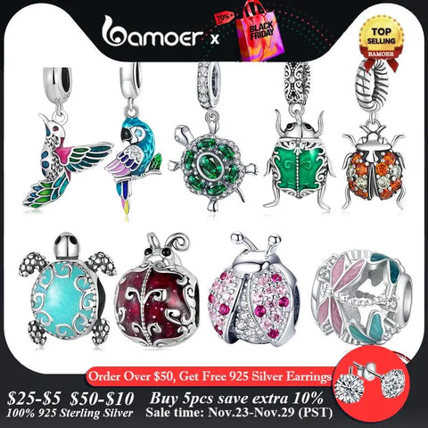 Bamoer 925 Sterling Silver Ladybug Charm fit DIY Bracelet & Bangle Turtle Pendant Jewelry Birds Pendant Animal Charms Collection