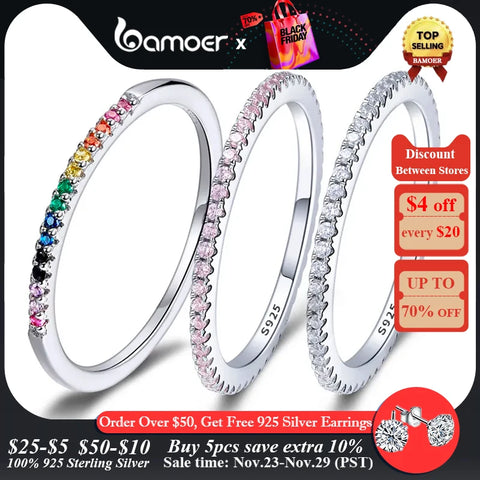 BAMOER 925 Sterling Silver CZ Simulated Diamond Stackable Ring Platinum Plated Eternity Bands for Women