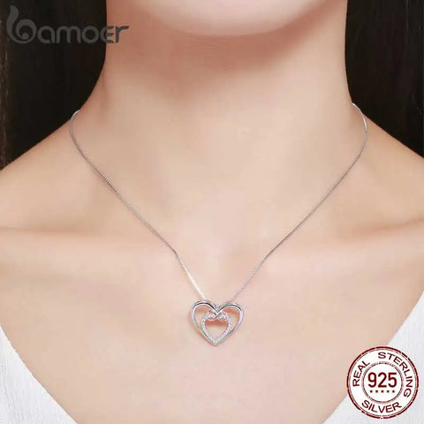 Bamoer 925 Sterling Silver Elegant Double Heart Infinity Love Pendant Necklace for Women Fine Jewelry Anniversary Gift SCN121