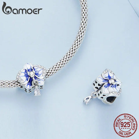 Bamoer 925 Sterling Silver Blue Harebells Pendant fit for DIY Making Bracelet & Bangle Butterfly Orchid Charms Fine Jewelry