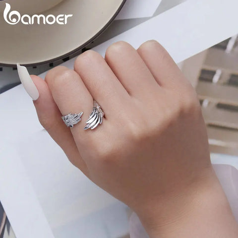 Bamoer 925 Sterling Silver Guardian Wing Open Ring Angel Wing Adjustable Finger Ring Engraved with Words for Women Fine Jewelry