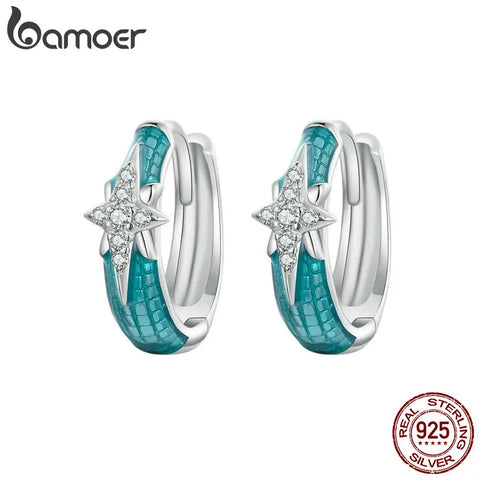BAMOER 925 Sterling Silver Star Earings for Women U Shaped Hoop Earrings Enamel Cubic Zirconia Hypoallergenic Fashion Earrings