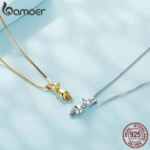 BAMOER Solid 925 Sterling Silver Cute Animal Necklace for Women, 14K Gold Plated Cat Pendant Jewelry for Her Birthday Gift