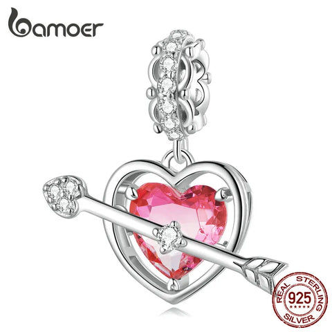 Bamoer 925 Sterling Silver Arrow and Heart Hanging Bead Pink Love Zircon Pendant for Women Valentine's Day Gift Jewelry BSC680