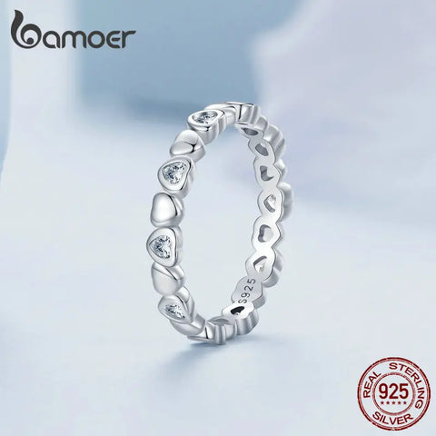Bamoer 925 Sterling Silver Heart Shape Zircon Finger Ring Platinum Plated for Women Valentine's Day Birthday Gift Fine Jewery