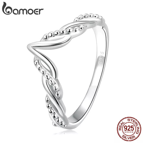 Bamoer Fashion V-shaped Ring for Women 925 Sterling Silver Simple Geometric Trendy Ring for Girl Wedding Gift Fine Jewelry