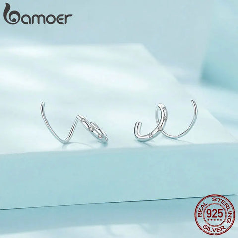Bamoer 925 Sterling Silver Geometric Line Earrings Double Circle Stud Earrings for Women Original Design Fine Jewelry Gift