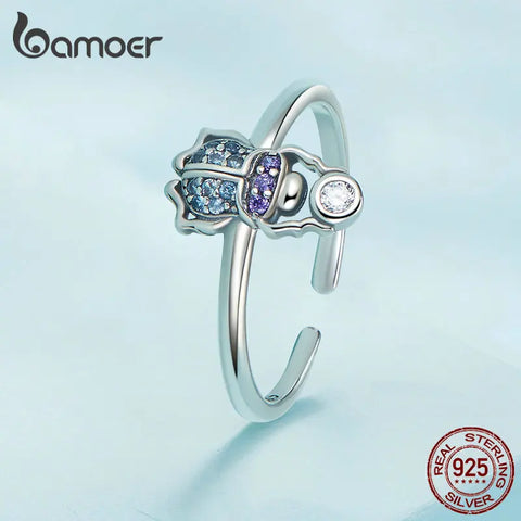 Bamoer 925 Sterling Silver Scarab Opening Ring Insect Adjustable Finger Ring for Women Pave Setting CZ Fine Jewelry SCR903
