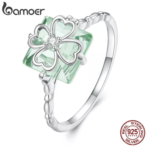 Bamoer 925 Sterling Silver Light Green Four-leaf Clover Finger Ring Delicate Women Rings Platinum Plated Fine Jewelry BSR339