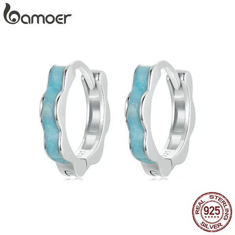BAMOER 925 Sterling Silver Blue Enamel Flower Shape Ear Buckles Huggie Studs for Women Plated Platinum Fine Jewelry