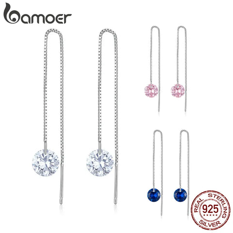 Bamoer 925 Sterling Silver Pink Blue Zircon Drop Dangle Ear Threads Long Tassel Earrings for Women Engagement Gift