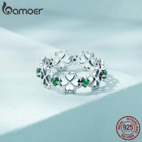 BAMOER 925 Sterling Silver Ring Four Leaf Clover Good Luck Band Ring for Women Girl Fashion Gifts Comfort Fit Size 6 to 9