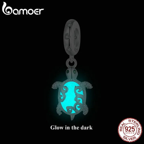 BAMOER Luminous Charms Beads 925 Sterling Silver Sea Turtle Pendant Dangle Fit Original Charm Bracelet Jewelry DIY Accessories