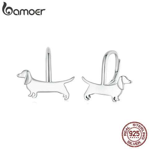 BAMOER 925 Sterling Silver Lovely Dachshund Ear Buckles Cute Dog Hoop Earrings for Women Party Fine Jewelry Gift
