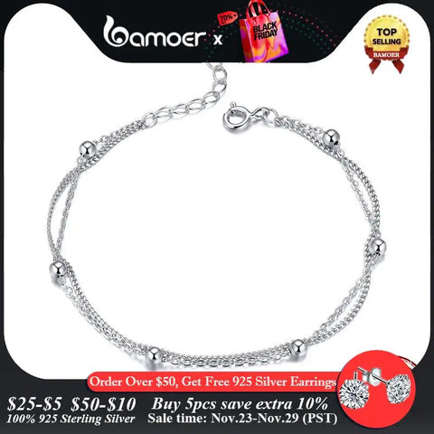 BAMOER 925 Silver Chain Bracelet Double Layers Round Beads Link Chain Bracelets Women 7.48'' Adjustable 14K Gold Plated Jewelry