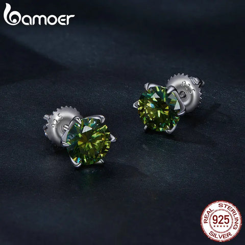 Bamoer D VVS1 Lab Diamonds Minimalist Green and Blue Moissanite Stud Earrings for Women 925 Sterling Silver Wedding Jewelry