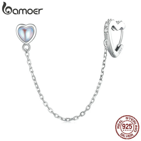 BAMOER Genuine 925 Sterling Silver Heart-Shaped Chain Ear Clips for Women Wedding Statement Elegant Earings BSE864