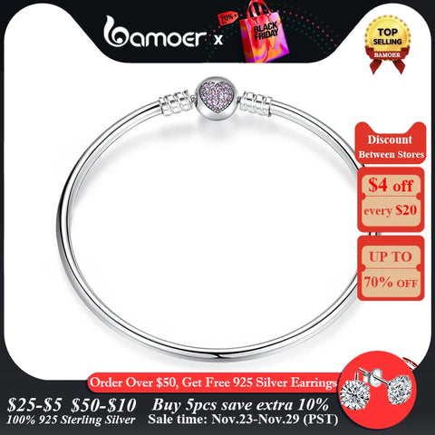 BAMOER 925 Sterling Silver Snake Chain Bangle & Bracelet Pave Setting CZ for Women Pendant Charm Bead DIY Luxury Jewelry PAS904