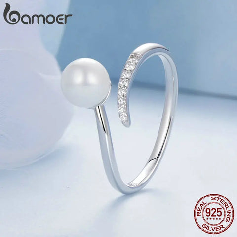 Bamoer 925 Sterling Silver Quality Shell Pearl Opening Ring Zircon Adjustable Ring Elegant Fine Jewelry for Women BSR497-E
