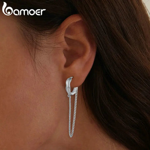 Bamoer 925 Sterling Silver Long Tassel Ear Buckles Delicate Double-layer Hoop Earrings for Women Original Design Fine Jewelry