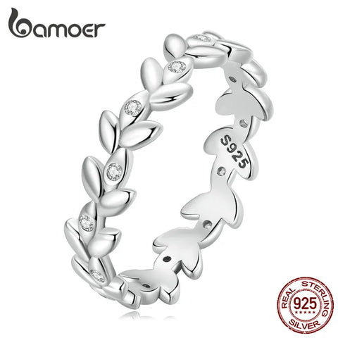 Bamoer 925 Sterling Silver Minimalist Leaf Ring Pave Setting CZ Arranged Leave Pattern Ring for Women Size 6-8 BSR306