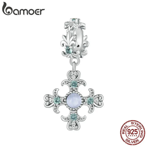 BAMOER Iris Cross Charm for Women 925 Sterling Silver Cross Pendant Flower Initial Pendant fit Charm Bracelet Christmas DIY