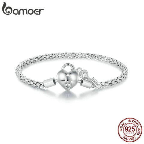 Bamoer 925 Sterling Silver Heart Lock and Key Buckles Basic Chain Bracelet Platinum Plated for Women Valentine's Day Gift SCB259