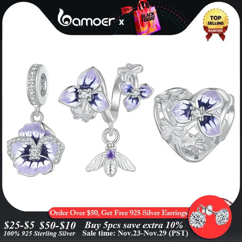 Bamoer 925 Sterling Silver Pansy Pendant Charms Heart Flower Beads for Women Bracelet and Necklace DIY Fine Jewelry