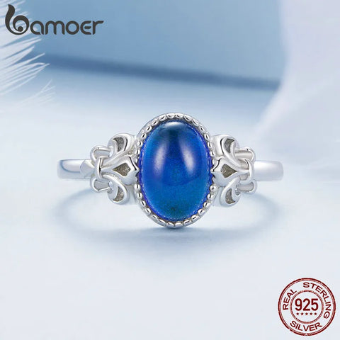 BAMOER Solid 925 Sterling Silver Emotion Ring Oval Stone Color Change Mood Ring Fine Jewelry Gift BSR454