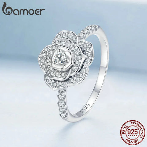 Bamoer 925 Sterling Silver Luxury Flower Ring Delicate Clear Rose Ring Pave Setting CZ for Women Fine Jewelry Gift