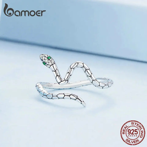 Bamoer 925 Sterling Silver Green Zircon Snake Opening Ring Irregular Adjustable Ring for Women Original Design Jewelry BSR347