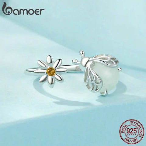 BAMOER 925 Sterling Silver Animal Open Rings for Women, Luminous Firefly Ring High Polish Comfort Fit Adjustable Ring
