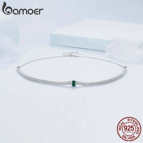 Bamoer 925 Sterling Silver Elegant Emerald Necklace Retro Braided Silver Neck Chain for Women Birthday Gift Fine Jewelry