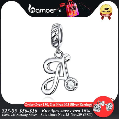 BAMOER 26 Letters alphabet Pendant 925 Sterling Silver Handwritten Language Pendants Charm for Bracelets and Necklace SCC1183
