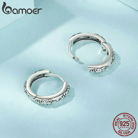 BAMOER 925 Sterling Silver Floral Pattern Filigree Hoop Earrings Hypoallergenic for Women and Teen Girls