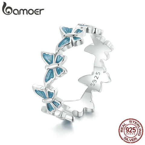 BAMOER 925 Sterling Silver Blue Enamel Mini Butterfly Ring for Women Girls Sweet Fine Jewelry Birthday Gift