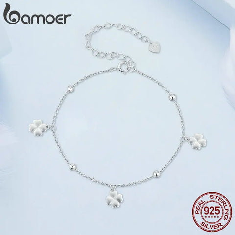 Bamoer 925 Sterling Silver Plain Lucky Four-Leaf Clover Adjustable Bracelet Korean Style Chain Link for Women Birthday Gift