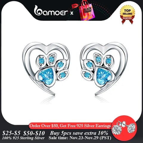 bamoer Blue Crystal Paw Stud Earrings for Girl Heart Shape CZ Footprint Ear Studs Jewelry Women Original Design Bijoux SCE654