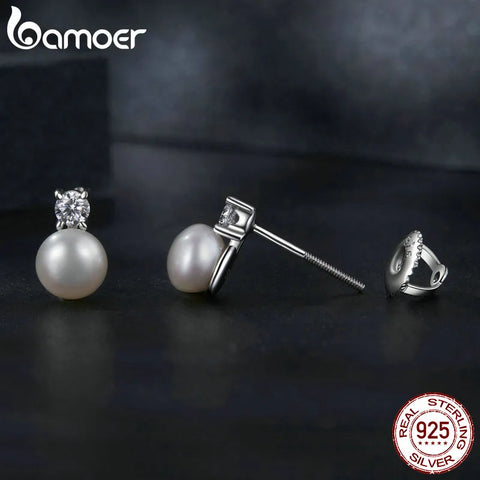 BAMOER Moissanite 925 Sterling Silver Freshwater Pearl Stud Earrings, Elegant VVS1 Clarity Lab Created Diamond Earrings MSE042