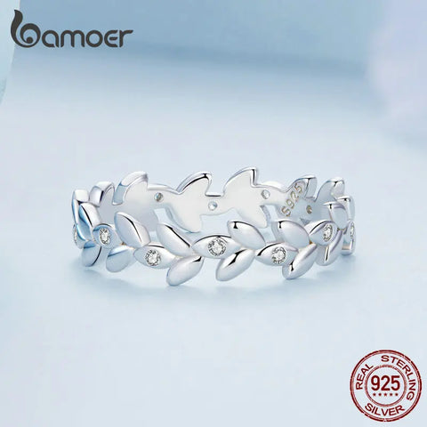 Bamoer 925 Sterling Silver Minimalist Leaf Ring Pave Setting CZ Arranged Leave Pattern Ring for Women Size 6-8 BSR306