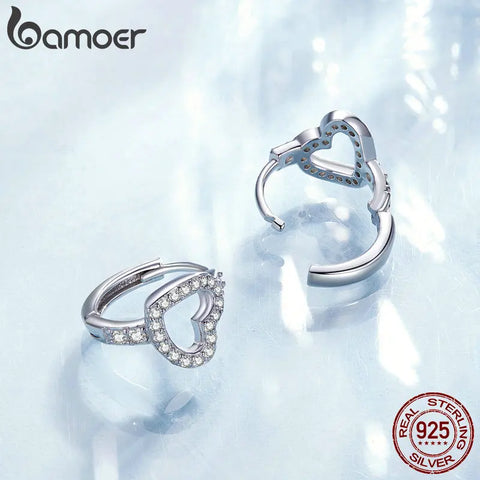 Bamoer 925 Sterling Silver Dazzling Heart Ear Buckles Original Design Hoop Earrings for Women Girls Birthday Fine Jewelry