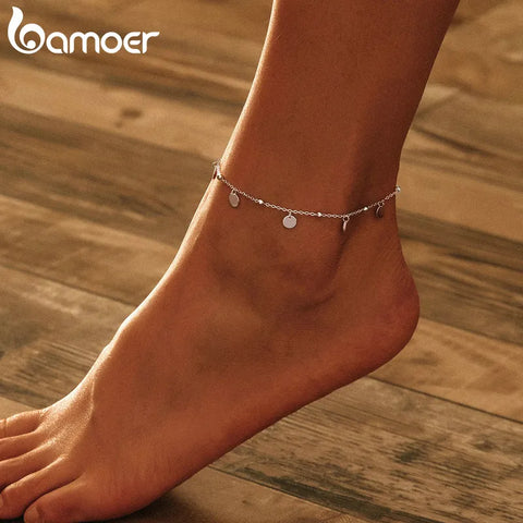 bamoer Silver Beads Anklets 925 Sterling Silver Geometric Minimalist Summer Fashion Foot Jewelry Bracelet for Ankle  SCT011