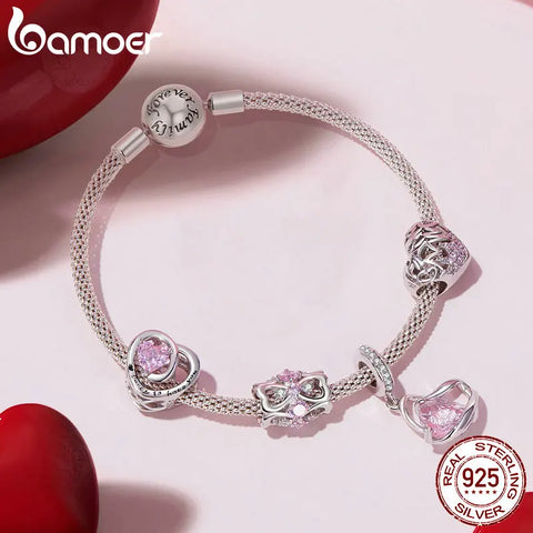 Bamoer 925 Sterling Silver Pink Heart Beads Butterfly Charm for Women Bracelet and Necklace DIY Thanksgiving Gift Fine Jewelry