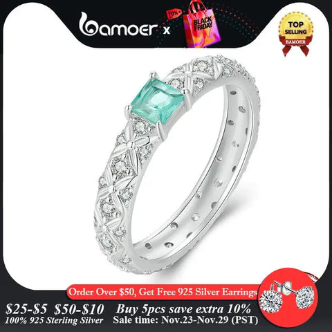 BAMOER 925 Sterling Silver Dainty CZ Ring Platinum Filled Chunky Simple intricate texture Minimalist Band