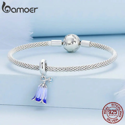 Bamoer 925 Sterling Silver Enamel Iris Hanging Bead Harebells Pendant Charms for Women Bracelet and Necklace DIY Fine  Jewelry