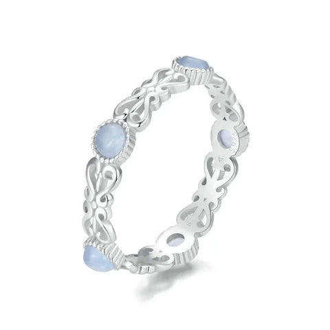 BAMOER 925 Sterling Silver Blue Round Stone Finger Ring Vine Pattern Ring for Women Elegant Jewelry Gift BSR507