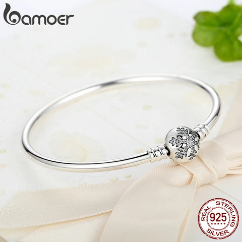 BAMOER Authentic 925 Sterling Silver Engrave Snowflake Clasp Unique as you are Snake Chain Bracelet & Bangle DIY Jewelry PAS915